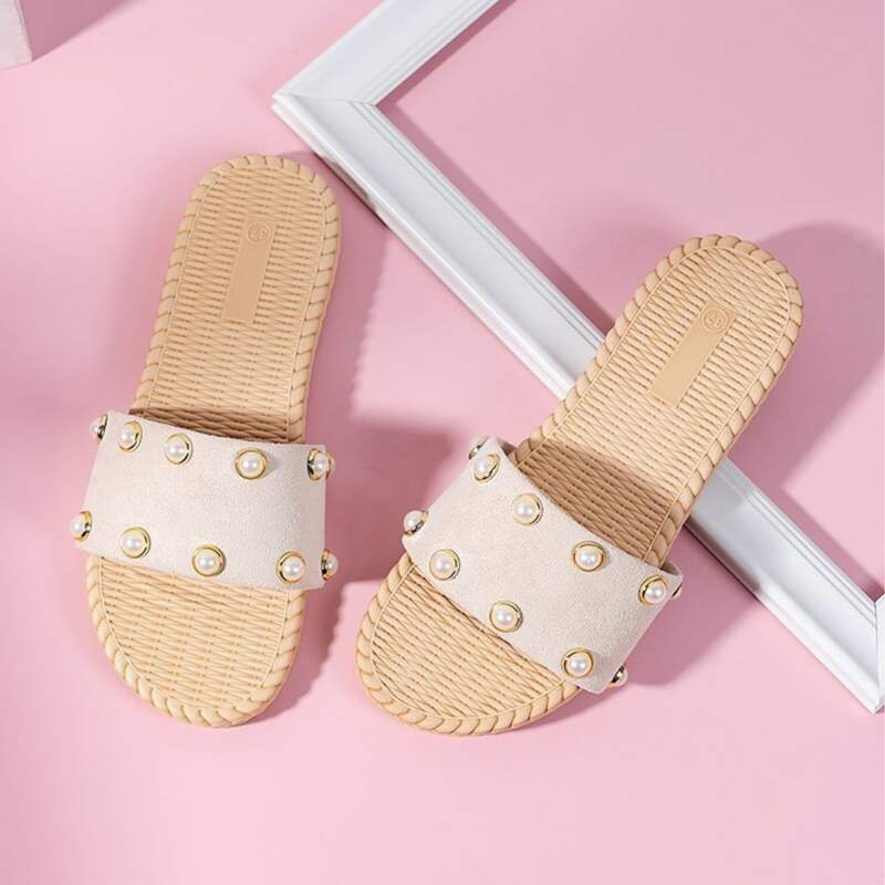 

Faux Pearl Wide Band Slide Sandals, Beige