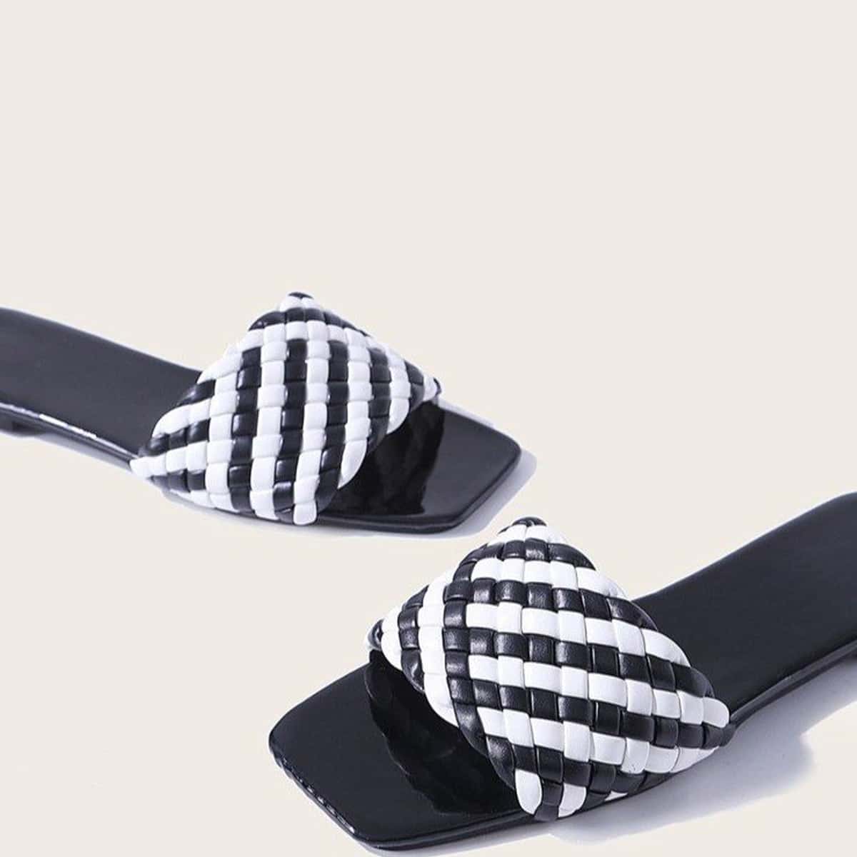 

Braided Striped Band Slide Sandals, Black and white