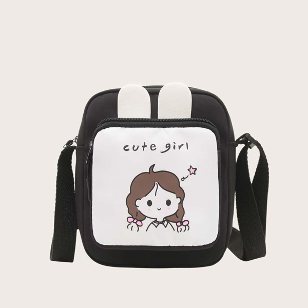 

Cartoon Graphic Two Tone Crossbody Bag, Black and white