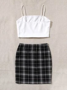 SHEIN EZwear 素色短版吊帶上衣和格紋半身裙套裝 - 黑與白 - 查看 2