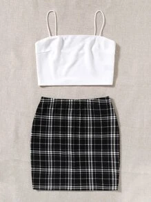 SHEIN EZwear 素色短版吊帶上衣和格紋半身裙套裝 - 黑與白 - 查看 3