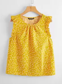 SHEIN LUNE 滿版心形圖案荷葉邊袖上衣 - 黃色 - 查看 1