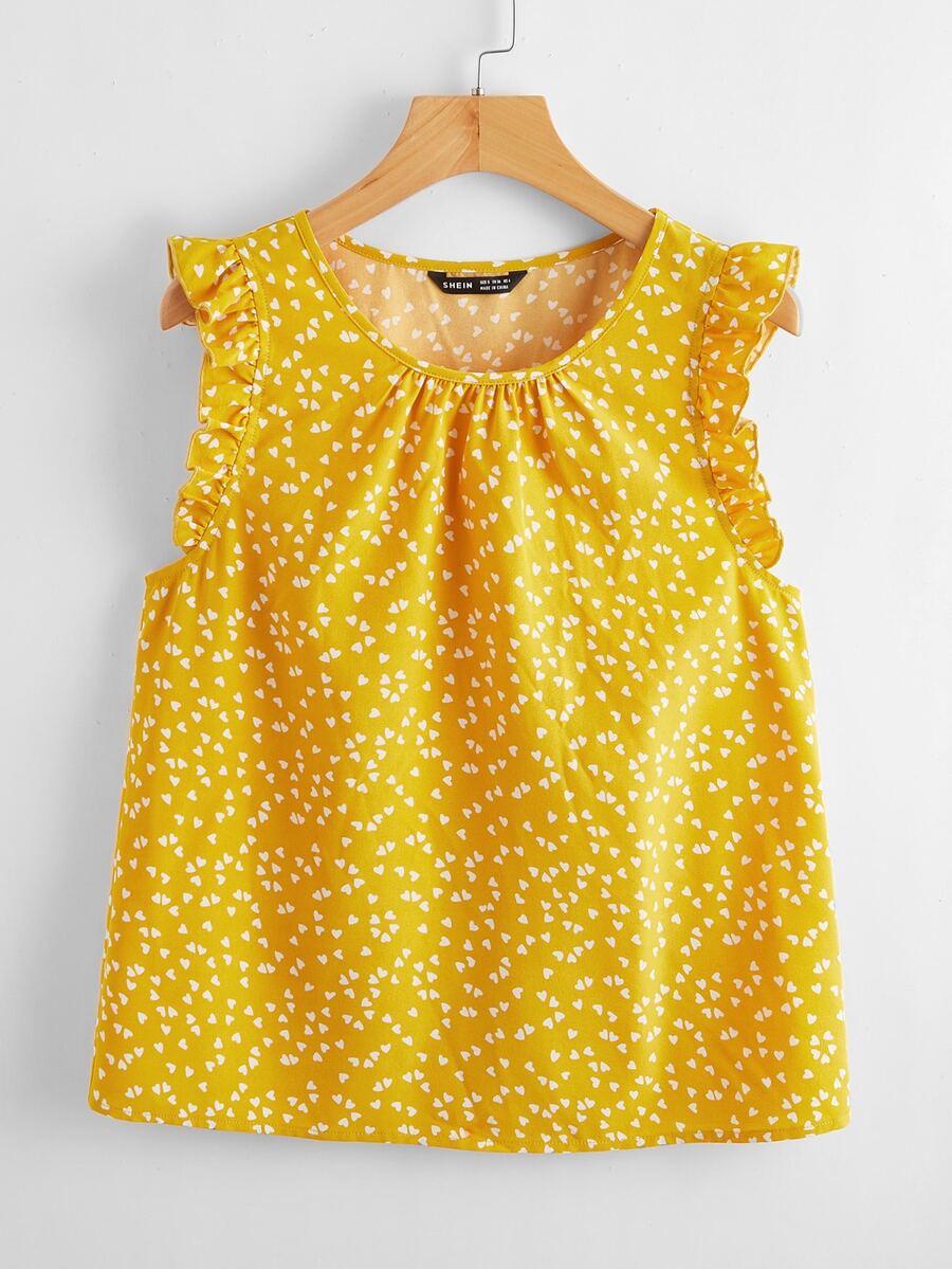 SHEIN LUNE 滿版心形圖案荷葉邊袖上衣 - 黃色 - 查看 1