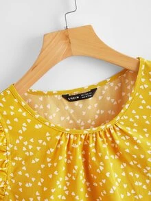 SHEIN LUNE 滿版心形圖案荷葉邊袖上衣 - 黃色 - 查看 4