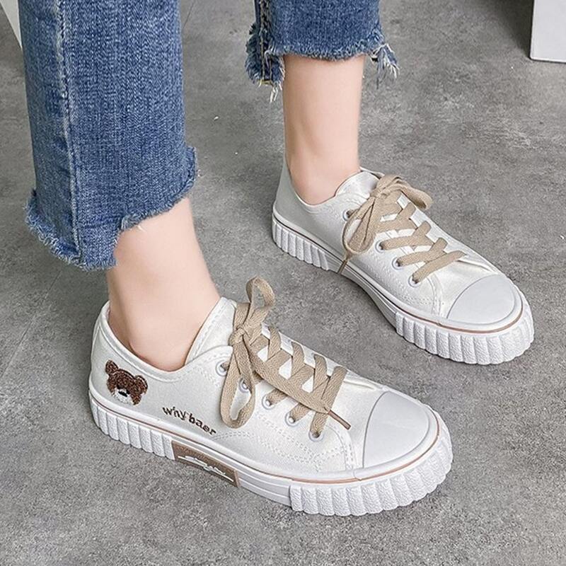 

Cartoon Bear Lace-up Canvas Sneakers, White