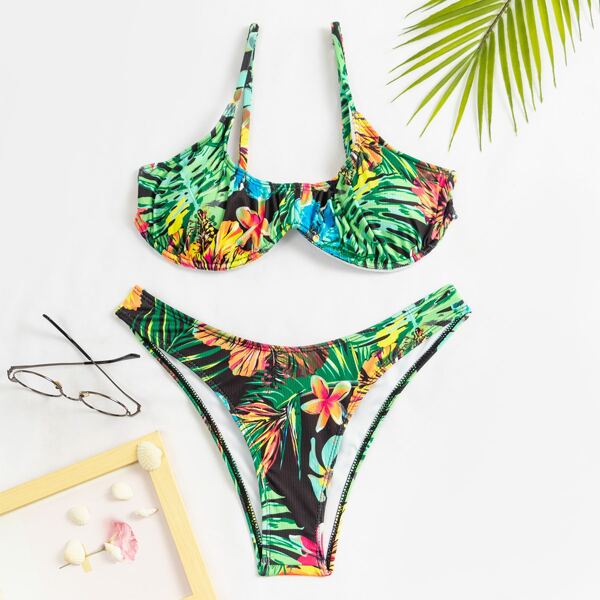 

Floral & Tropical Underwire Bikini Swimsuit, Multicolor