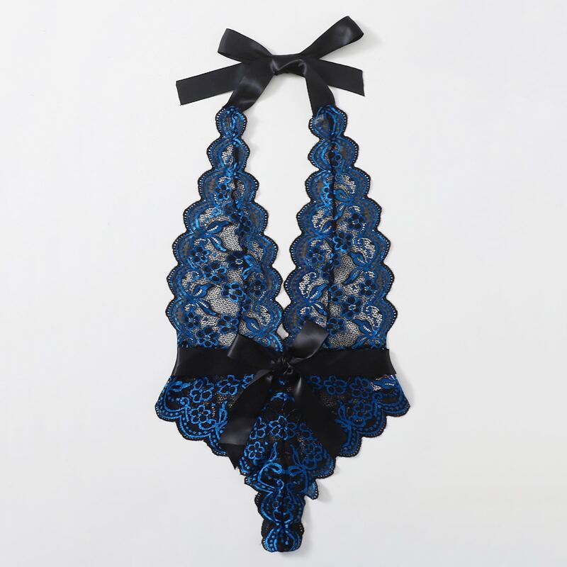 

Scallop Floral Lace Teddy Bodysuit, Navy blue