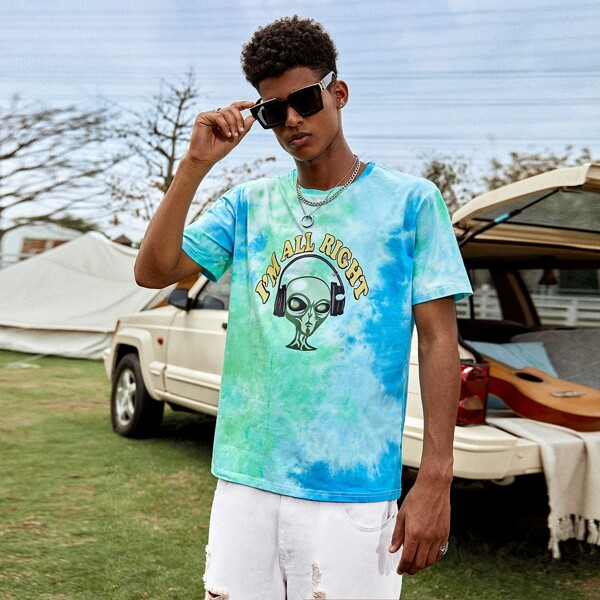 

Men Tie Dye Alien & Slogan Graphic Tee, Multicolor