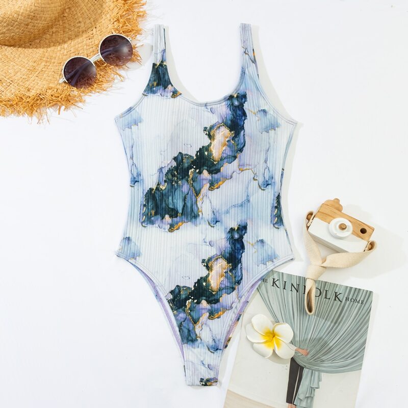 

Marble Print One Piece Swimsuit, Multicolor