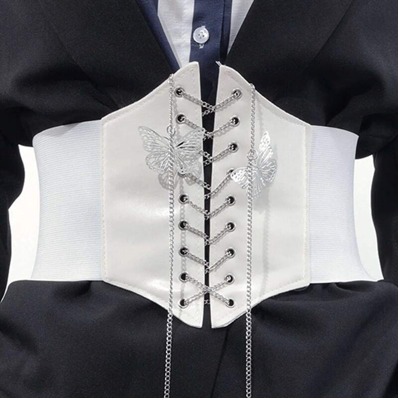 

Butterfly Decor Wide Belt, White