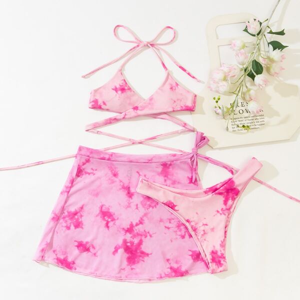 

3pack Tie Dye Rib Bikini Swimsuit & Beach Skirt, Pink