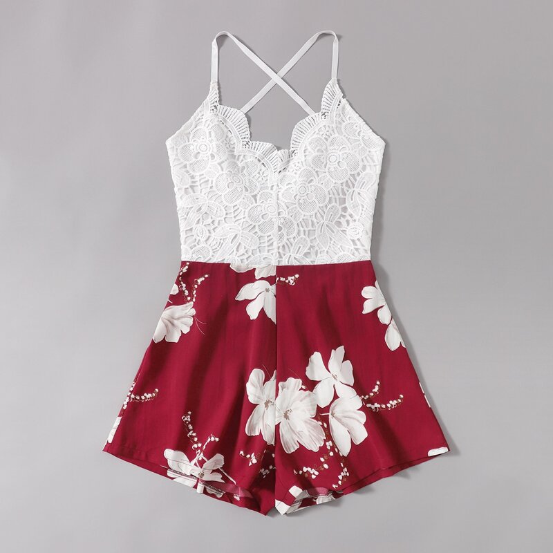

Floral Embroidery Bow Back Romper, Red and white