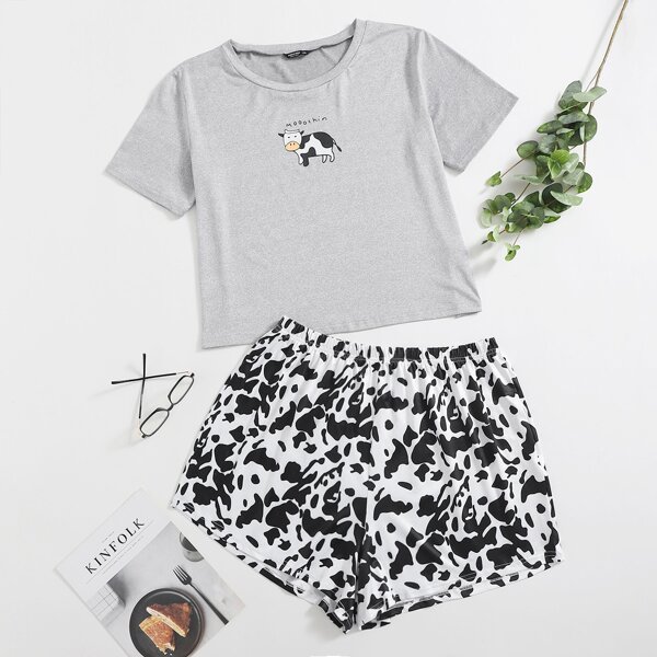 

Plus Cow Print Pajama Set, Multicolor