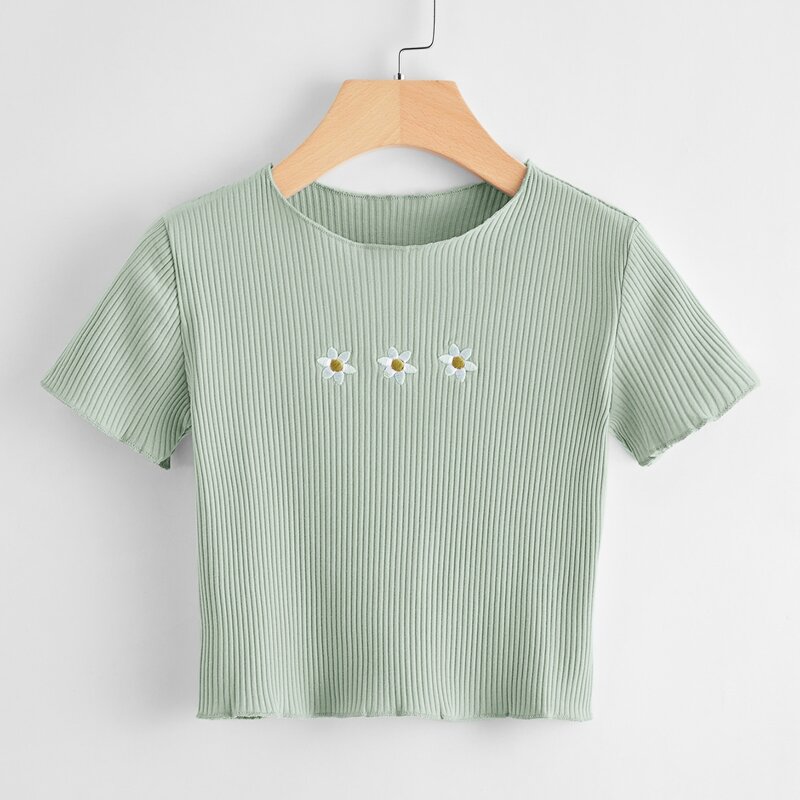 

Flower Embroidery Ribbed Tee, Mint green