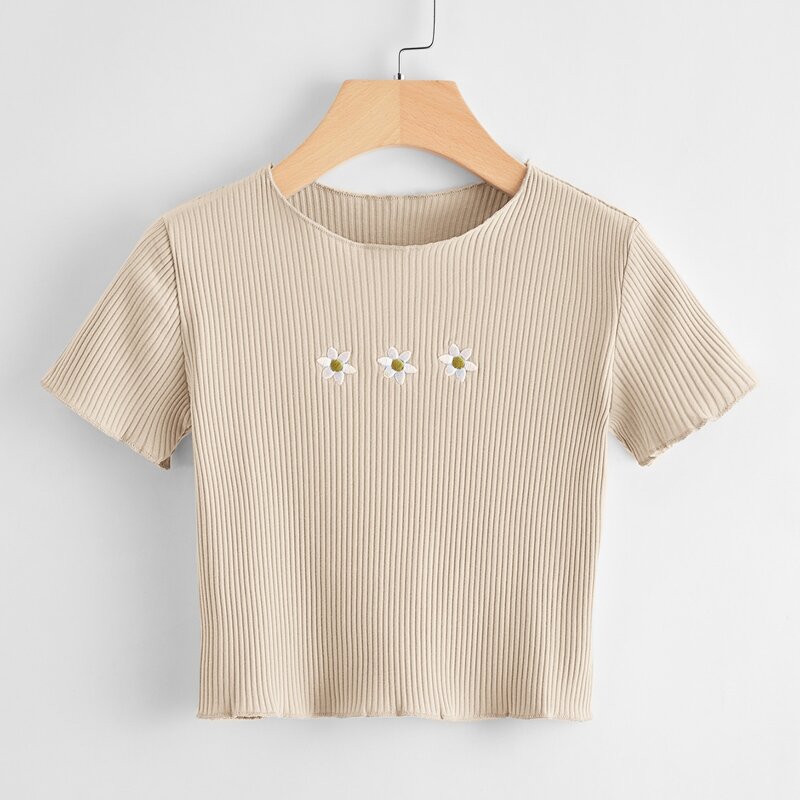 

Flower Embroidery Ribbed Tee, Beige