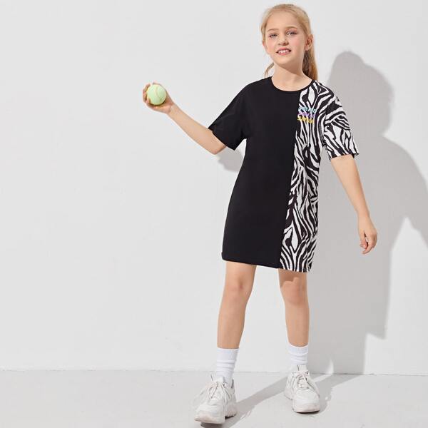 

Girls Letter Graphic Zebra Striped Spliced Dress, Black and white