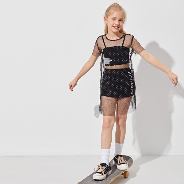 

Girls Letter Graphic Cami Top & Skirt Set With Dobby Mesh Dress, Black