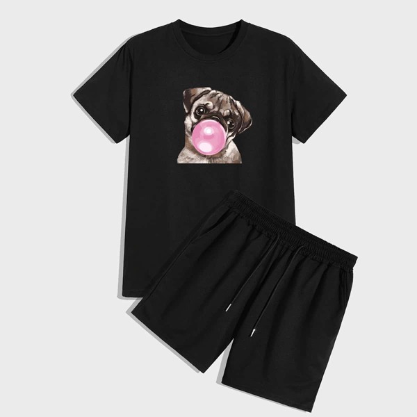 

Men Cartoon Dog Tee With Drawstring Shorts, Black