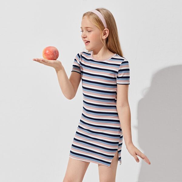 

Girls Slit Hem Colorful Striped Rib-knit Dress, Multicolor