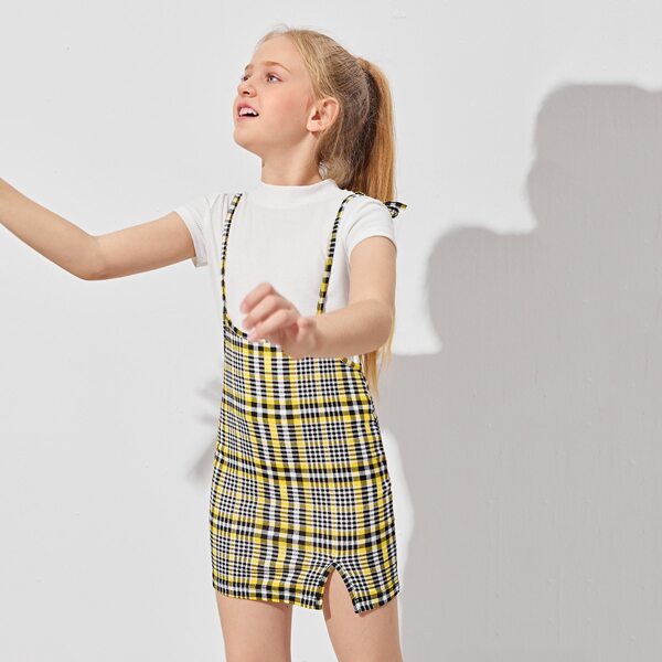 

Girls Split Hem Plaid Suspender Dress Without Top, Multicolor