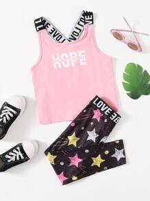 SHEIN 年輕女孩字母膠帶背心和星星印花打底褲套裝
