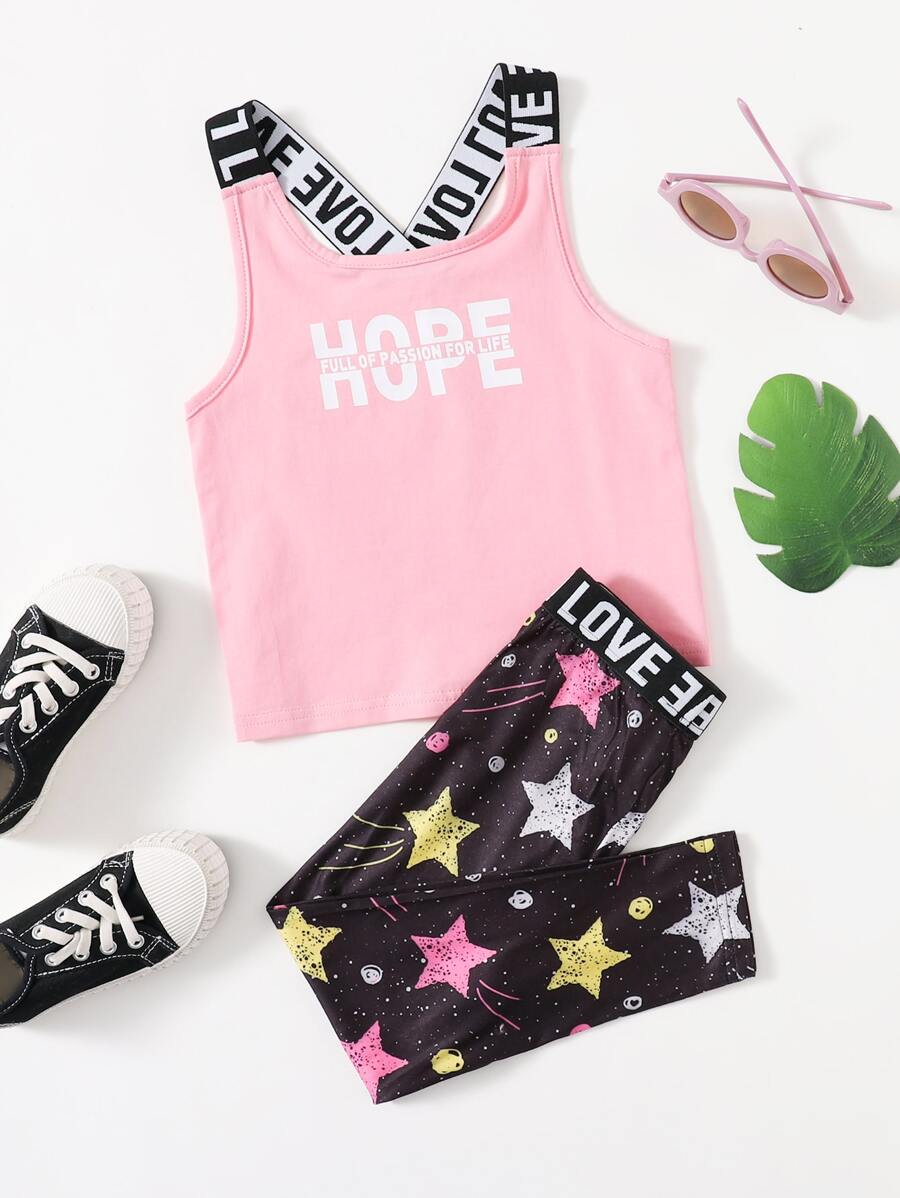 SHEIN 年輕女孩字母膠帶背心和星星印花打底褲套裝