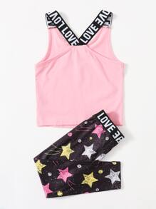 SHEIN 年輕女孩字母膠帶背心和星星印花打底褲套裝
