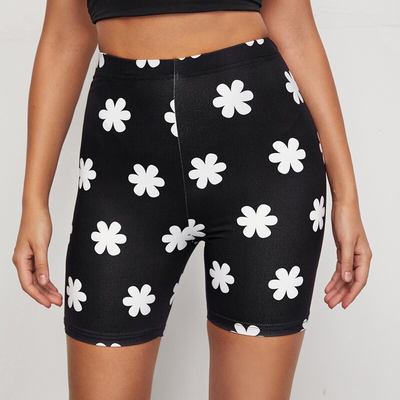

Floral Print Biker Shorts, Black