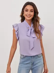 SHEIN Privé Tie Neck Ruffle Armhole Solid Top - Lilac Purple - View 1