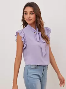SHEIN Privé Tie Neck Ruffle Armhole Solid Top - Lilac Purple - View 3