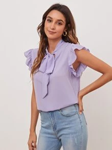 SHEIN Privé Tie Neck Ruffle Armhole Solid Top - Lilac Purple - View 5