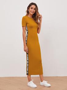 SHEIN Clasi 字母膠帶羅紋針織洋裝 - 芥末黃 - 查看 3