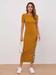 SHEIN Clasi 字母膠帶羅紋針織洋裝 - 芥末黃 - 查看 4
