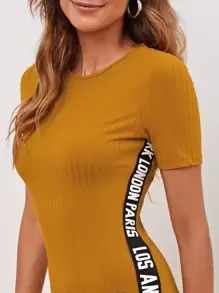 SHEIN Clasi 字母膠帶羅紋針織洋裝 - 芥末黃 - 查看 5