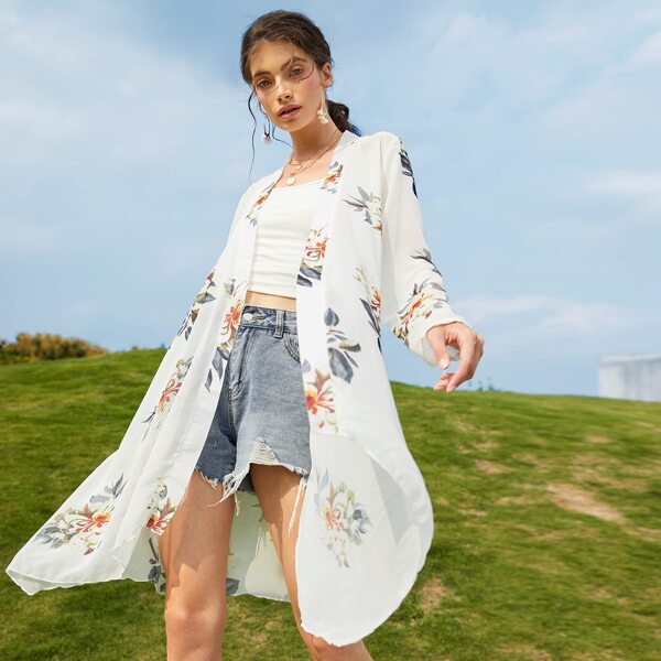 

Floral Print Open Front Coat, Multicolor