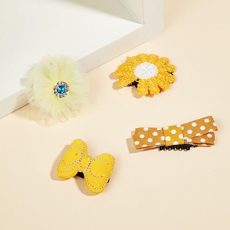 

4pcs Flower Pet Hair Clip Set, Yellow