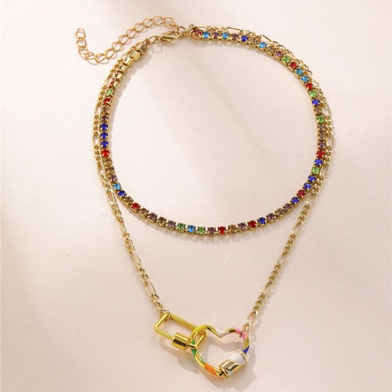 

Rhinestone Heart Charm Layered Necklace, Multicolor