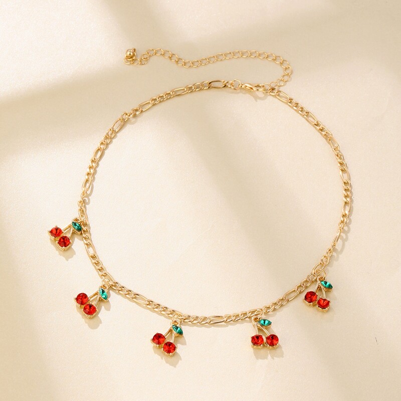 

Rhinestone Cherry Charm Necklace, Red