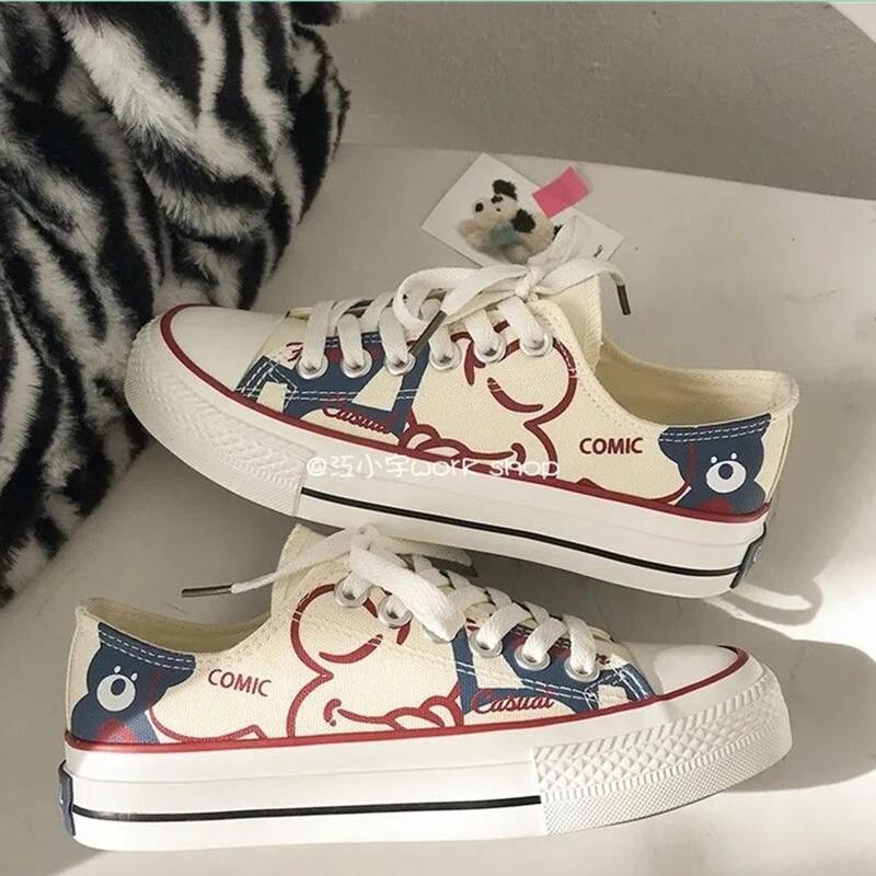 

Cartoon Lace-up Canvas Sneakers, Beige