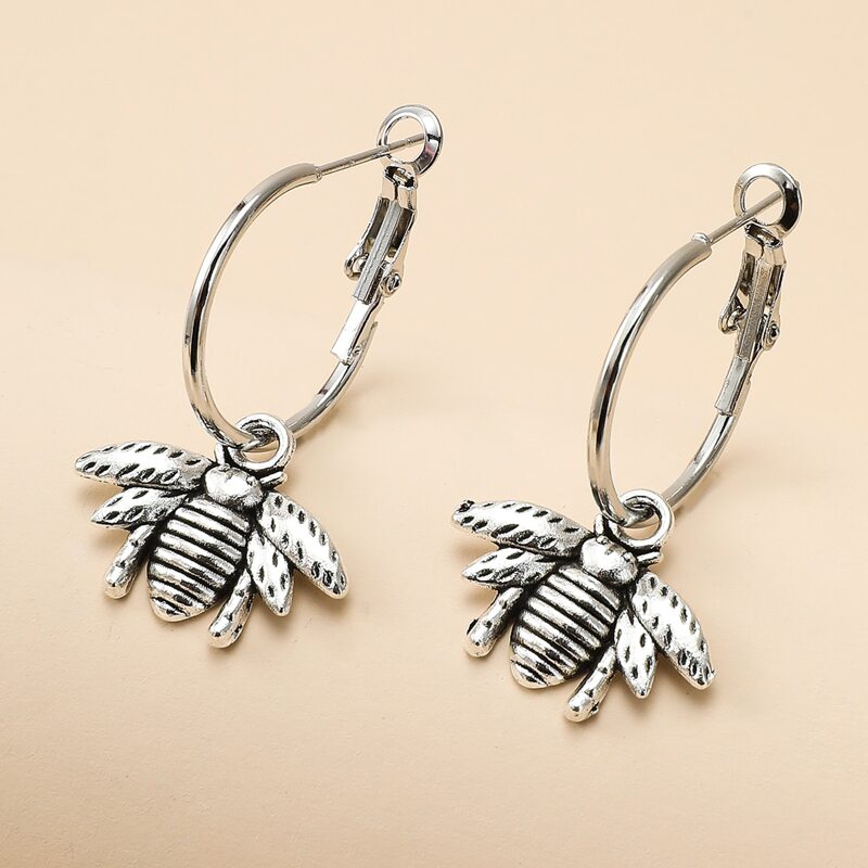 

Bee Charm Hoop Earrings, Antique silver