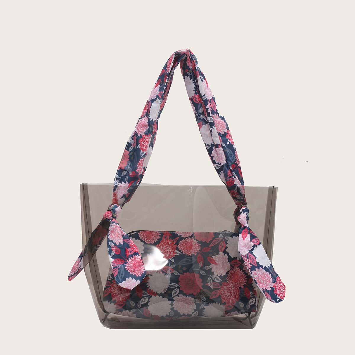

Floral Strap Clear Tote Bag With Inner Pouch, Black clear