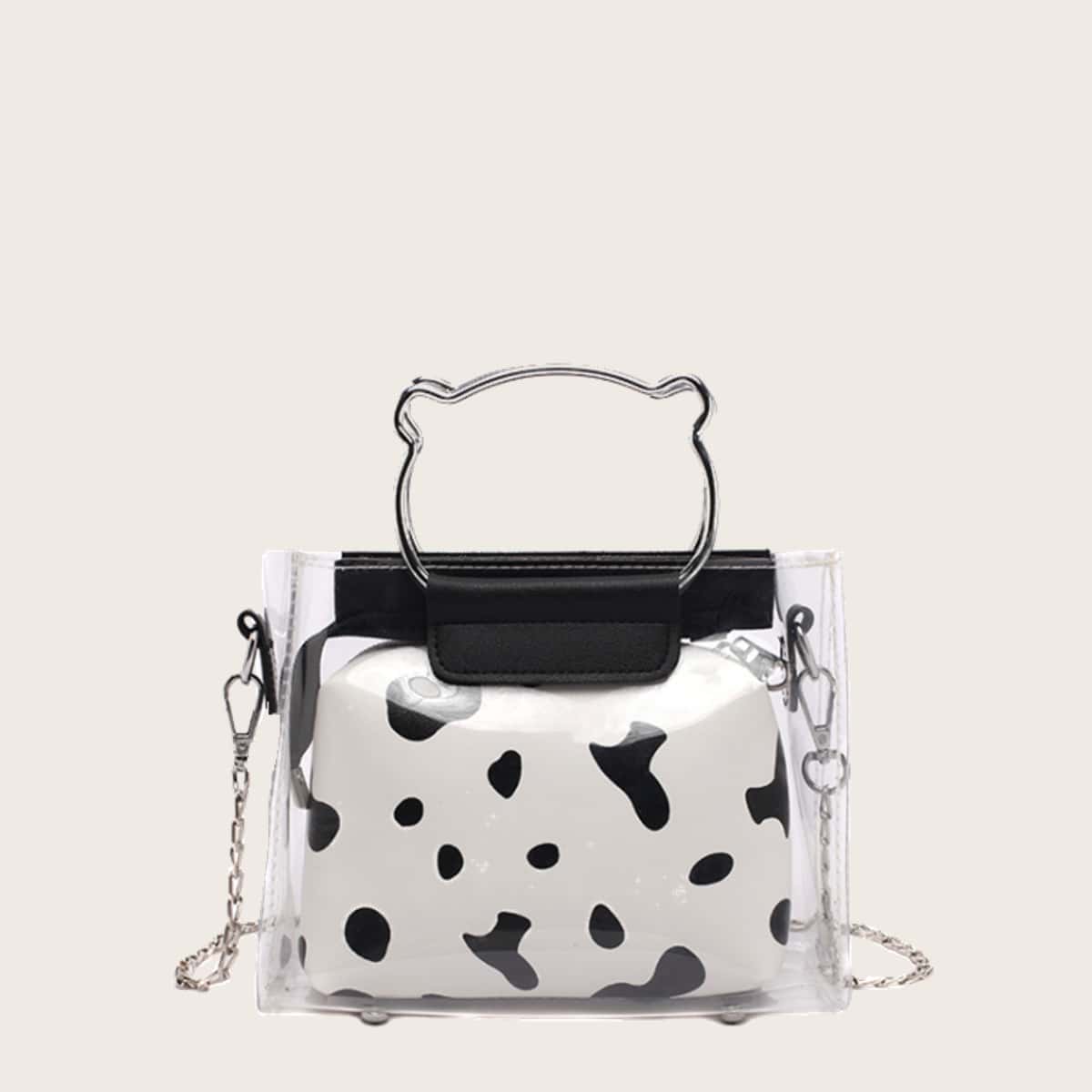 

Cow Print Ring Handle Clear Bag, Black and white