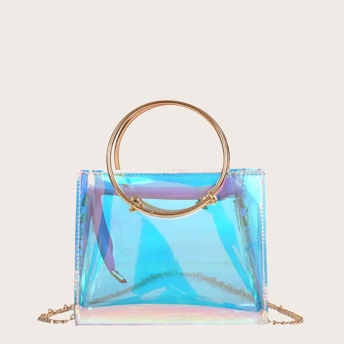 

Holographic Ring Handle Satchel Bag, Clear