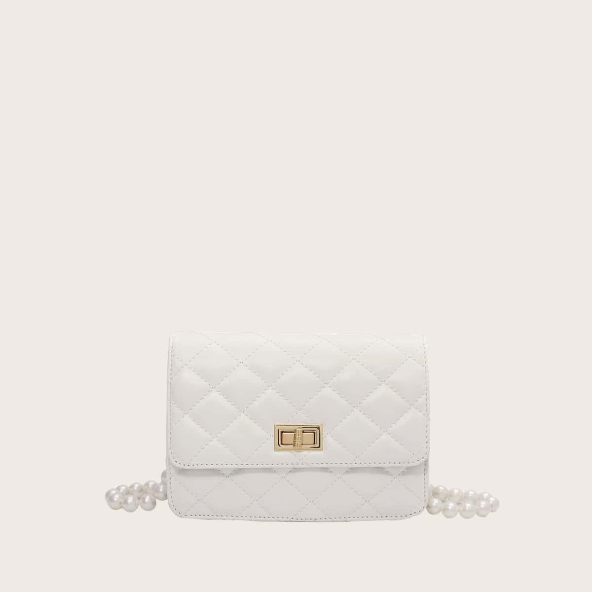 

Quilted Faux Pearl Strap Crossbody Bag, White
