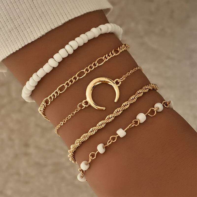 

5pcs Moon & Bead Design Chain Bracelet, Gold
