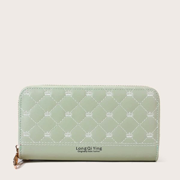 

Crown Embroidered Quilted Long Wallet, Green