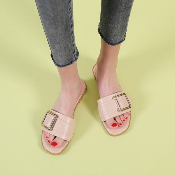 

Buckle Decor Slide Sandals, Apricot