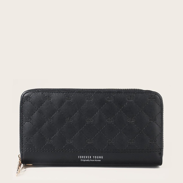 

Crown Embroidered Quilted Long Wallet, Black