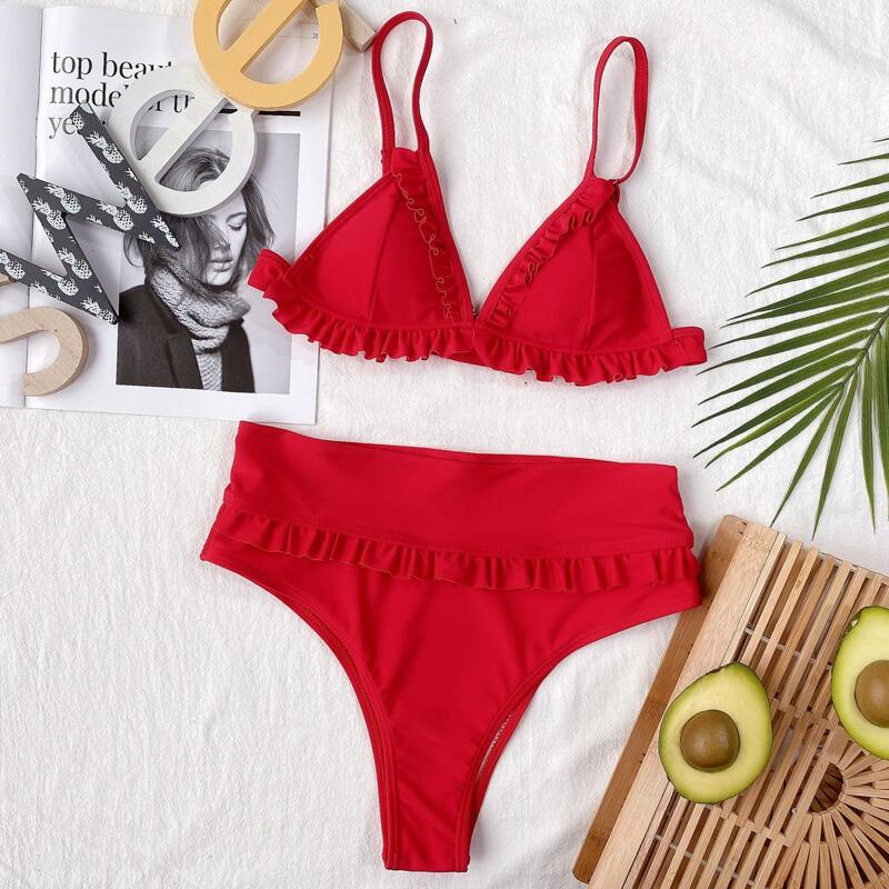 

Frill Trim High Waist Bikini Swimsuit, Red