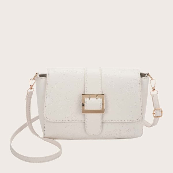 

Cartoon Embossed Flap Crossbody Bag, White